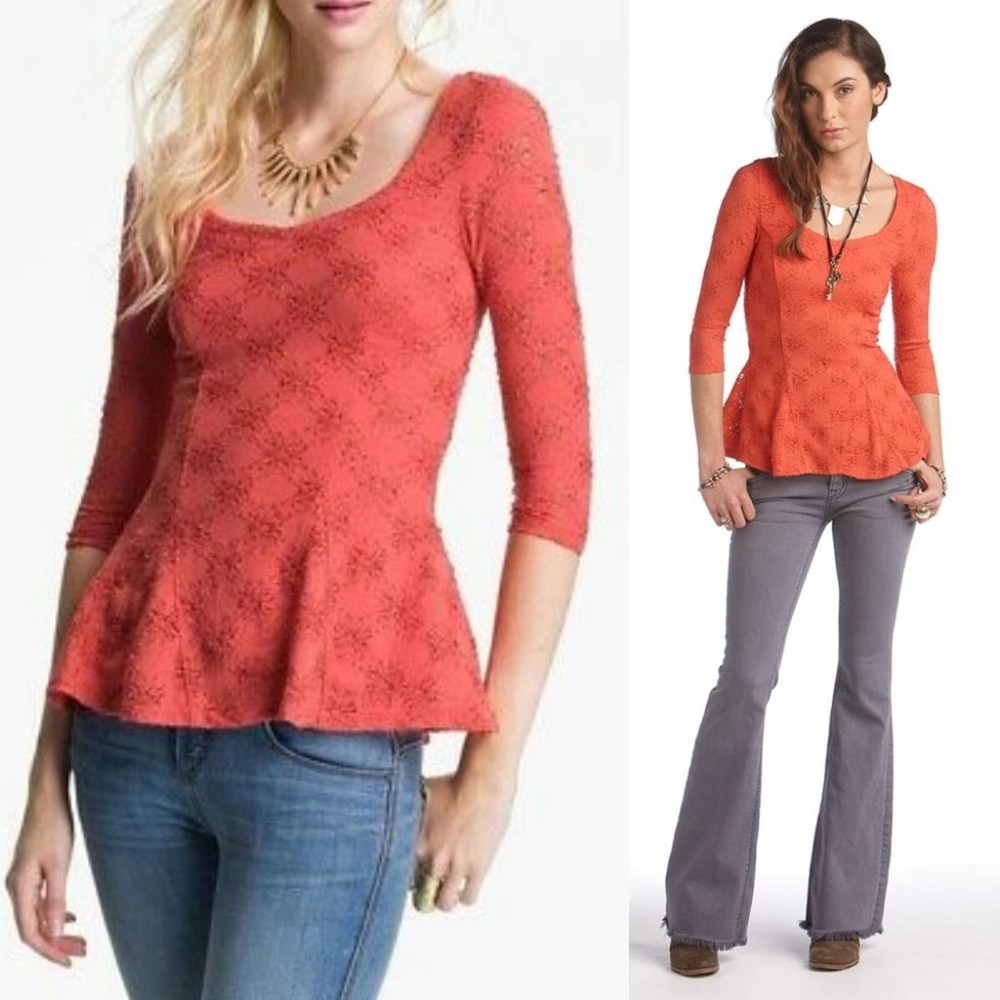 Free People Persimmon Daisy Lace Peplum Godet Top - Picture 3 of 8